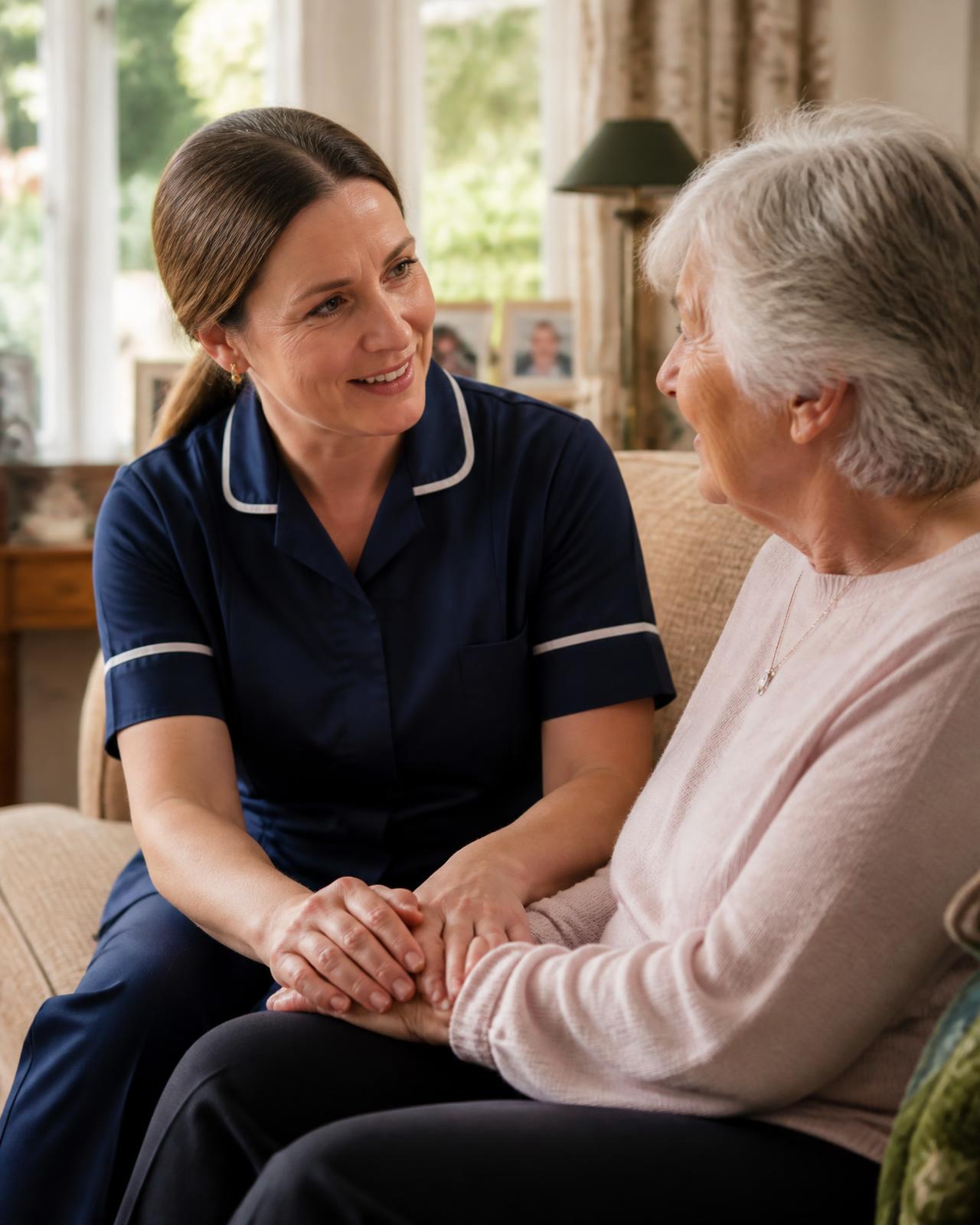 A MARA carer sitting with an older woman in her living room